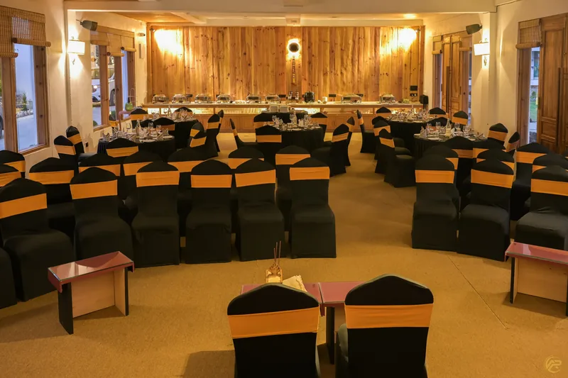 The banquet hall, set for an event